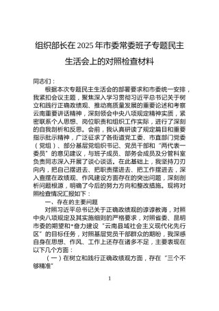 组织部长在2025年市委常委班子专题民主生活会上的对照检查材料