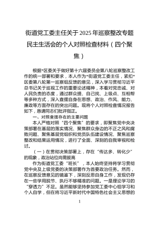 街道党工委主任关于2025年巡察整改专题民主生活会的个人对照检查材料（四个聚焦）