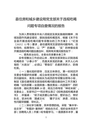 县住房和城乡建设局党支部关于违规吃喝问题专项自查情况的报告