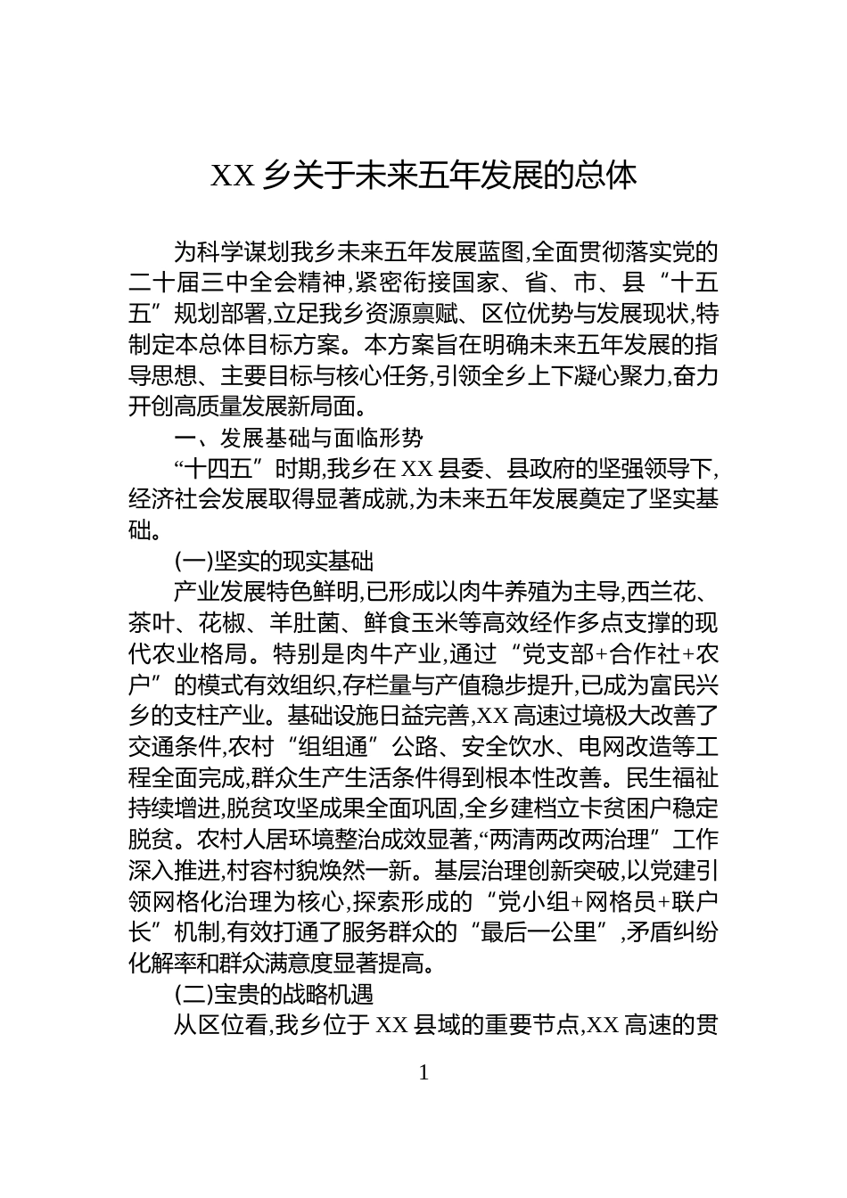 XX乡关于未来五年发展的总体_第1页