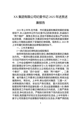 XX集团有限公司纪委书记2025年述责述廉报告