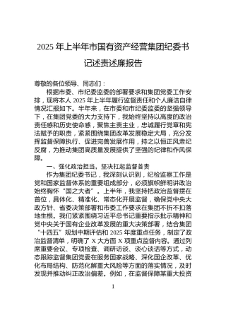 2025+年上半年市国有资产经营集团纪委书记述责述廉报告