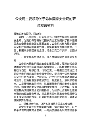 公安局主要领导关于总体国家安全观的研讨发言材料