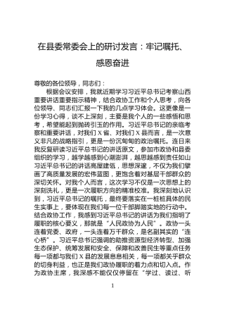 在县委常委会上的研讨发言：牢记嘱托、感恩奋进