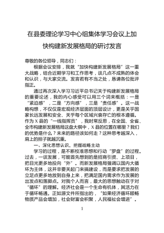 在县委理论学习中心组集体学习会议上加快构建新发展格局的研讨发言