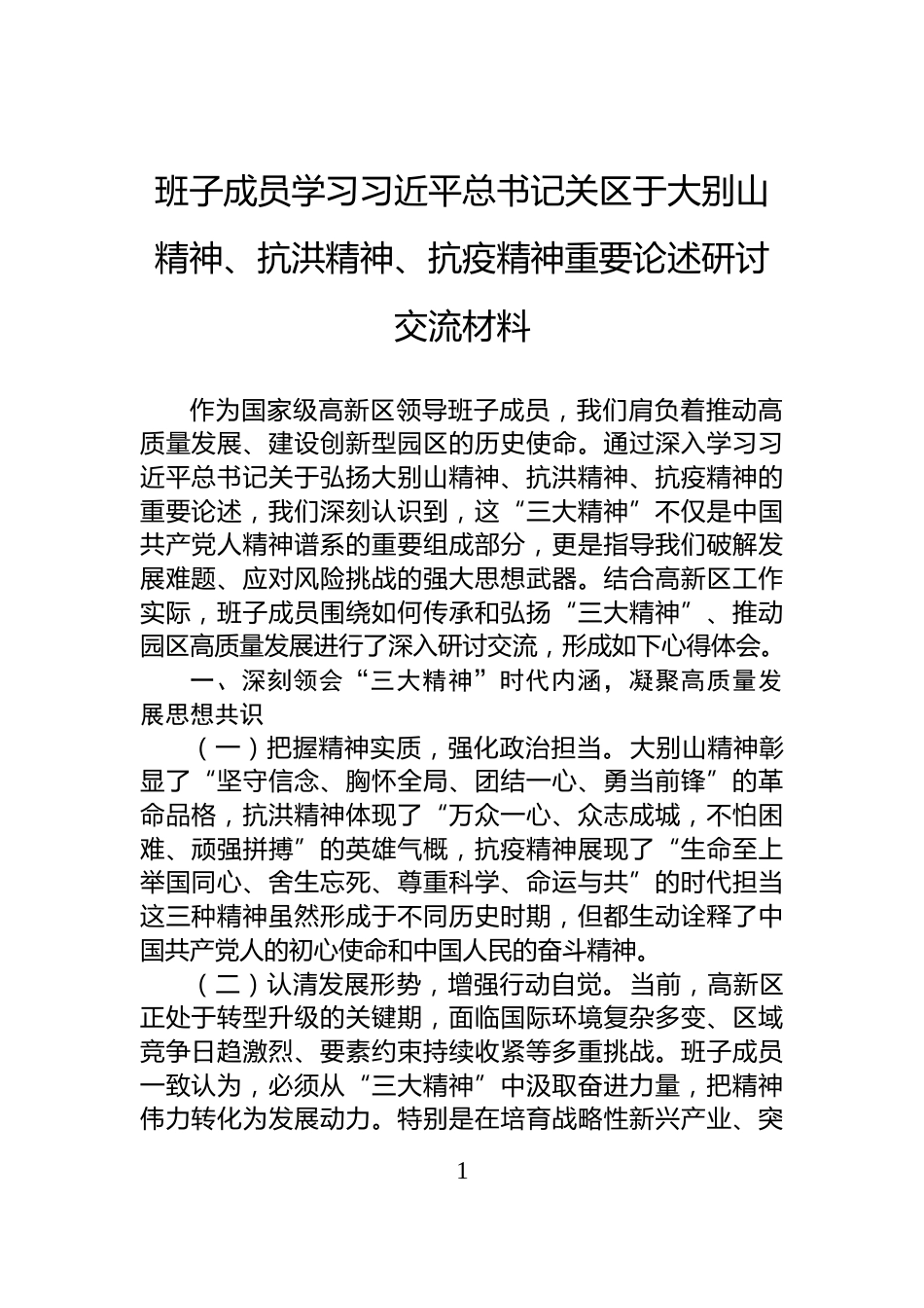 班子成员学习习近平总书记关区于大别山精神、抗洪精神、抗疫精神重要论述研讨交流材料_第1页