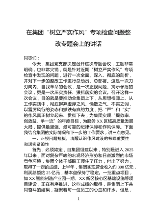 在集团“树立严实作风”专项检查问题整改专题会上的讲话