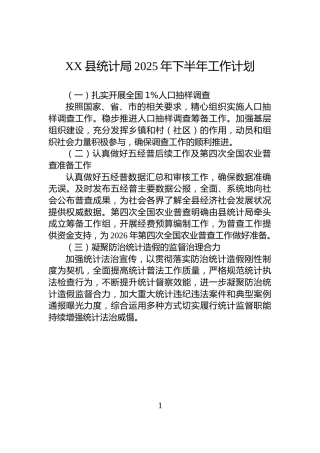 XX县统计局2025年下半年工作计划