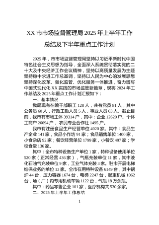 XX市市场监督管理局2025年上半年工作总结及下半年重点工作计划