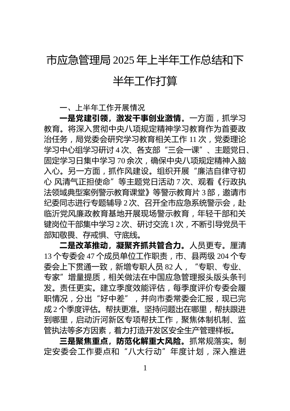 市应急管理局2025年上半年工作总结和下半年工作打算_第1页
