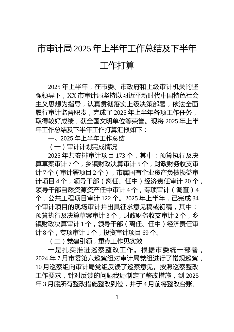 市审计局2025年上半年工作总结及下半年工作打算_第1页