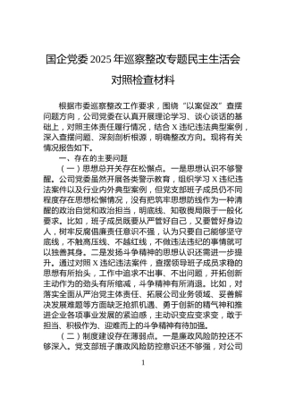 国企党委2025年巡察整改专题民主生活会对照检查材料