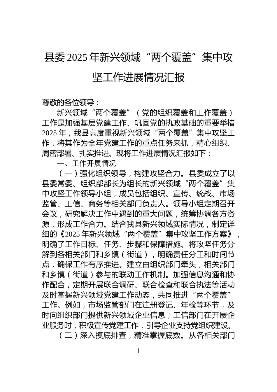 县委2025年新兴领域“两个覆盖”集中攻坚工作进展情况汇报_第1页