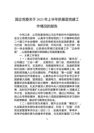 国企党委关于2025年上半年抓基层党建工作情况的报告