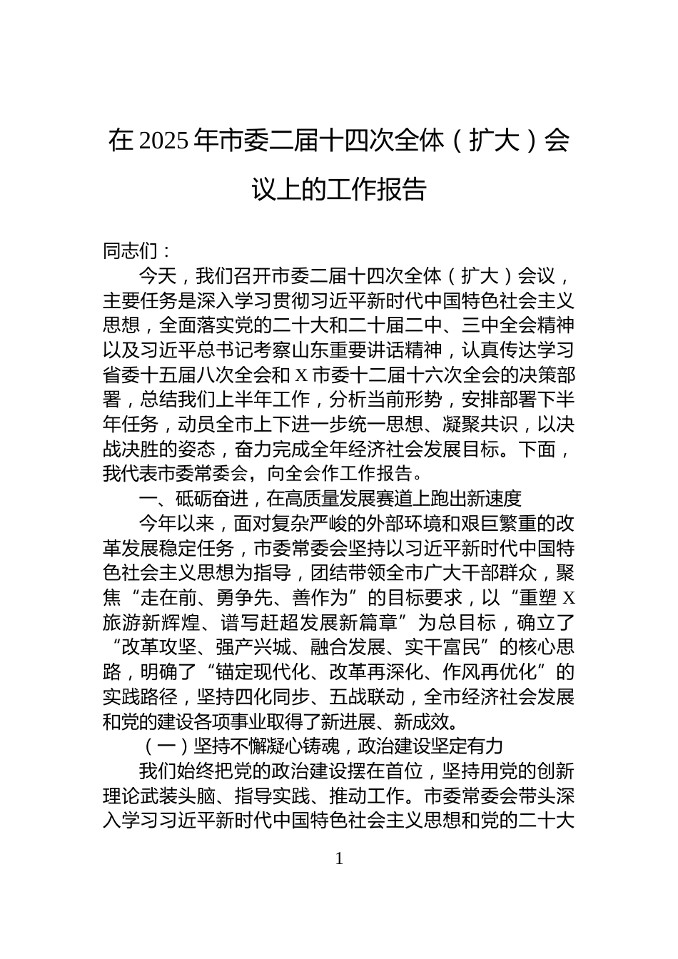 在2025年市委二届十四次全体（扩大）会议上的工作报告_第1页