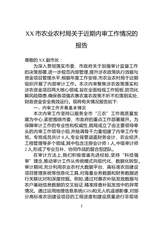 XX市农业农村局关于近期内审工作情况的报告