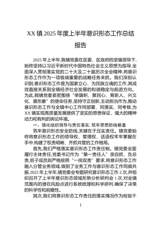 XX镇2025年度上半年意识形态工作总结报告