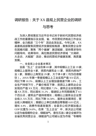 调研报告：关于XX县规上民营企业的调研与思考