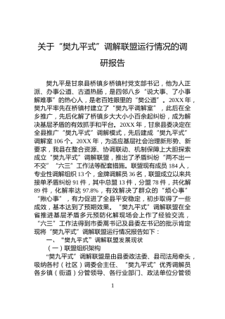 关于“樊九平式”调解联盟运行情况的调研报告