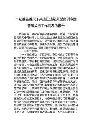 市纪委监委关于某违法违纪典型案例专题警示教育工作情况的报告