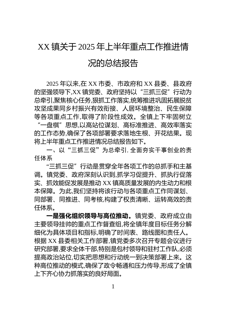 XX镇关于2025年上半年重点工作推进情况的总结报告_第1页