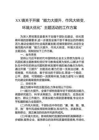 XX镇关于开展“能力大提升、作风大转变、环境大优化”主题活动的工作方案