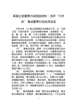 某县公安夏季行动经验材料：念好“六字诀”+推动夏季行动走深走实