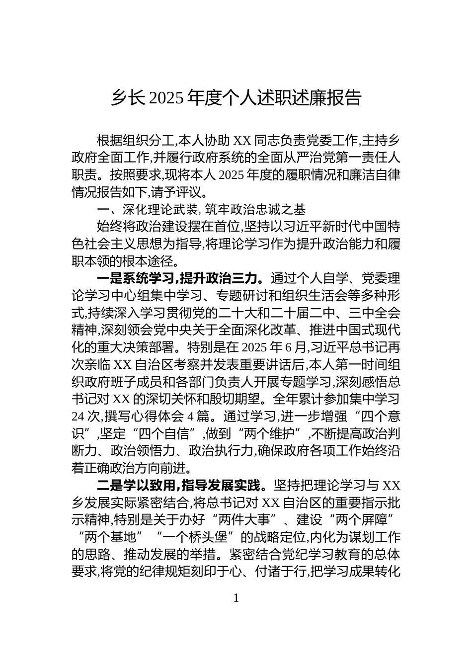 乡长2025年度个人述职述廉报告_第1页