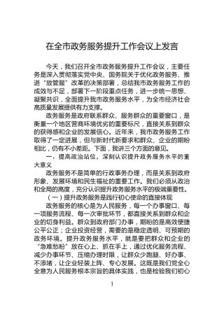 在全市政务服务提升工作会议上发言