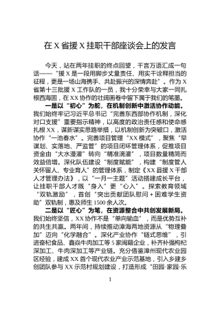 在X省援X挂职干部座谈会上的发言