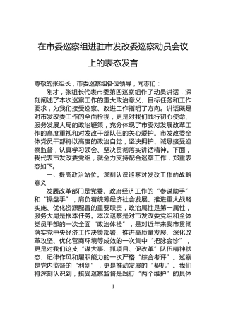 在市委巡察组进驻市发改委巡察动员会议上的表态发言