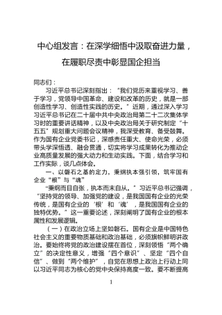 中心组发言：在深学细悟中汲取奋进力量，在履职尽责中彰显国企担当