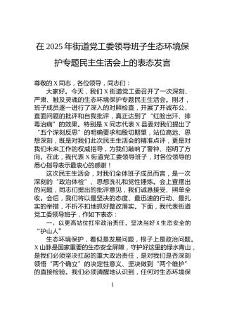 在2025年街道党工委领导班子生态环境保护专题民主生活会上的表态发言