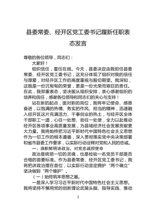 县委常委、经开区党工委书记履新任职表态发言