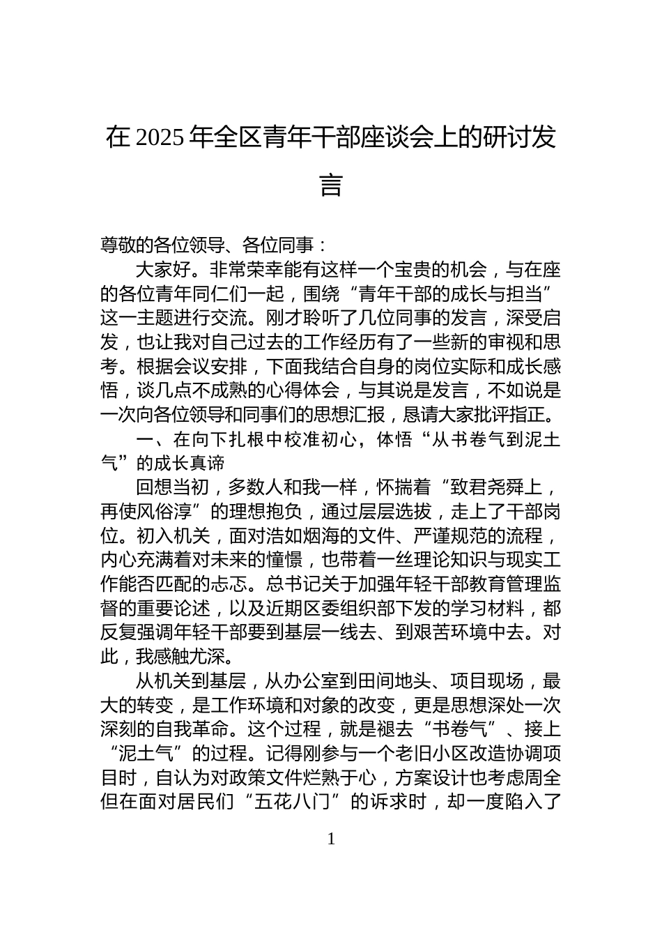 在2025年全区青年干部座谈会上的研讨发言_第1页