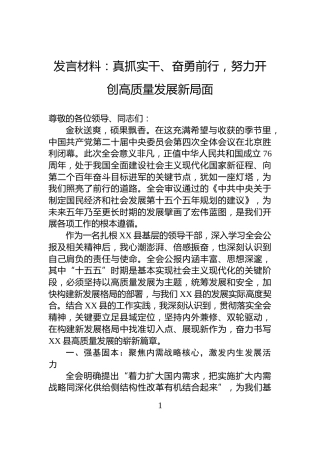 发言材料：真抓实干、奋勇前行，努力开创高质量发展新局面