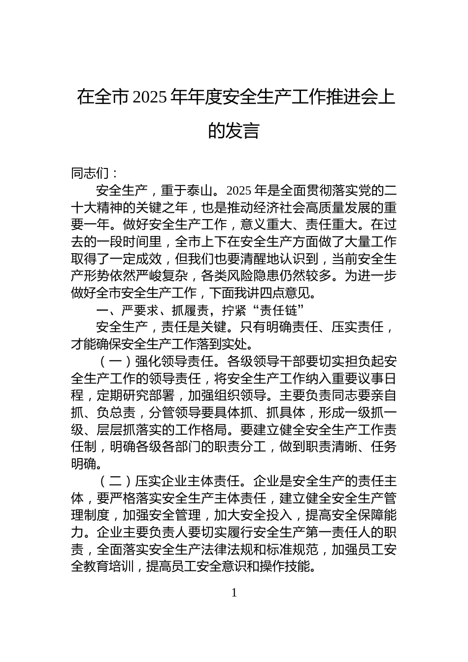 在全市2025年年度安全生产工作推进会上的发言_第1页
