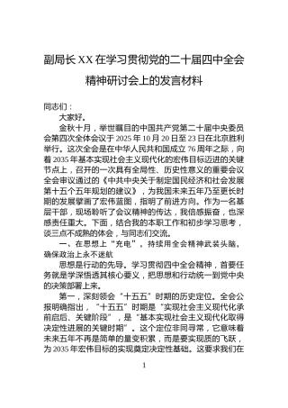 副局长XX在学习贯彻党的二十届四中全会精神研讨会上的发言材料