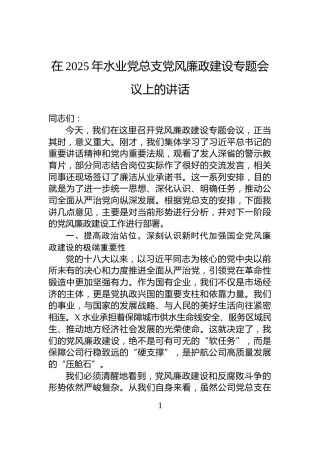 在2025年水业党总支党风廉政建设专题会议上的讲话