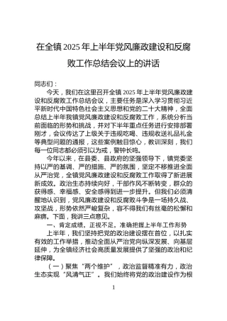在全镇2025年上半年党风廉政建设和反腐败工作总结会议上的讲话