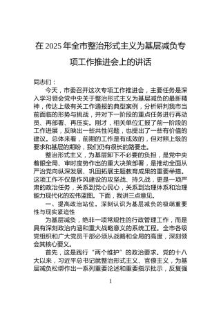 在2025年全市整治形式主义为基层减负专项工作推进会上的讲话