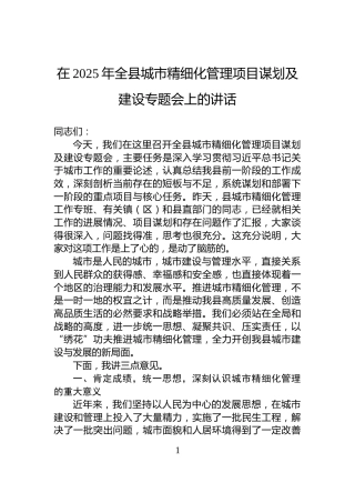 在2025年全县城市精细化管理项目谋划及建设专题会上的讲话