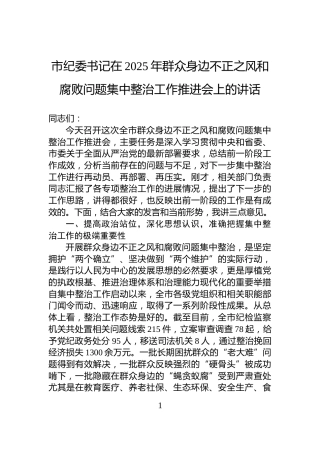 市纪委书记在2025年群众身边不正之风和腐败问题集中整治工作推进会上的讲话