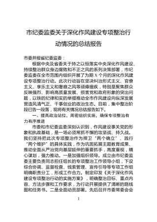 市纪委监委关于深化作风建设专项整治行动情况的总结报告