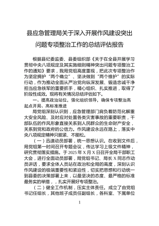 县应急管理局关于深入开展作风建设突出问题专项整治工作的总结评估报告