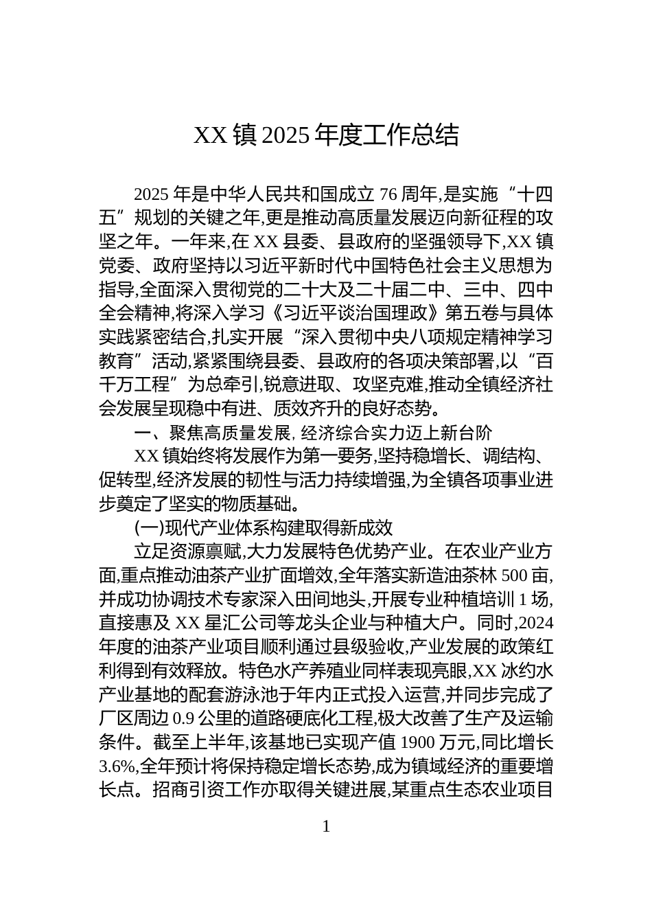 XX镇2025年度工作总结_第1页