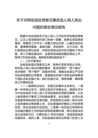 关于对照巡视反馈意见整改选人用人突出问题的落实情况报告