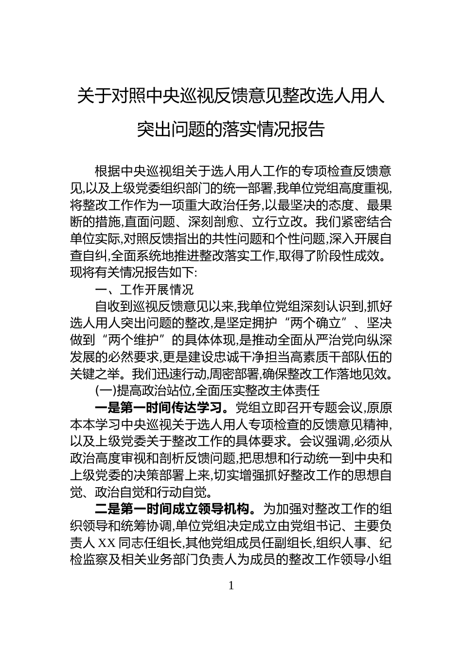 关于对照中央巡视反馈意见整改选人用人突出问题的落实情况报告_第1页