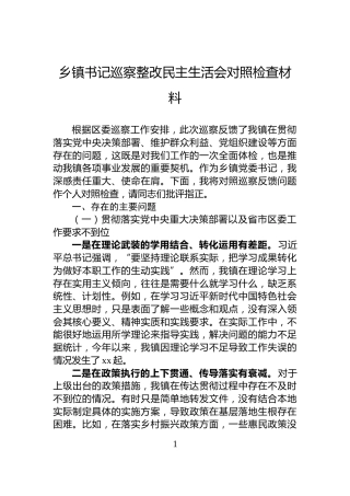 乡镇书记巡察整改民主生活会对照检查材料