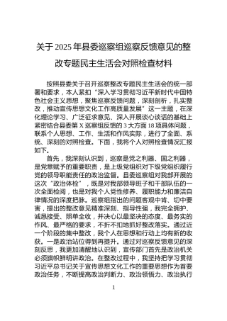 关于2025年县委巡察组巡察反馈意见的整改专题民主生活会对照检查材料